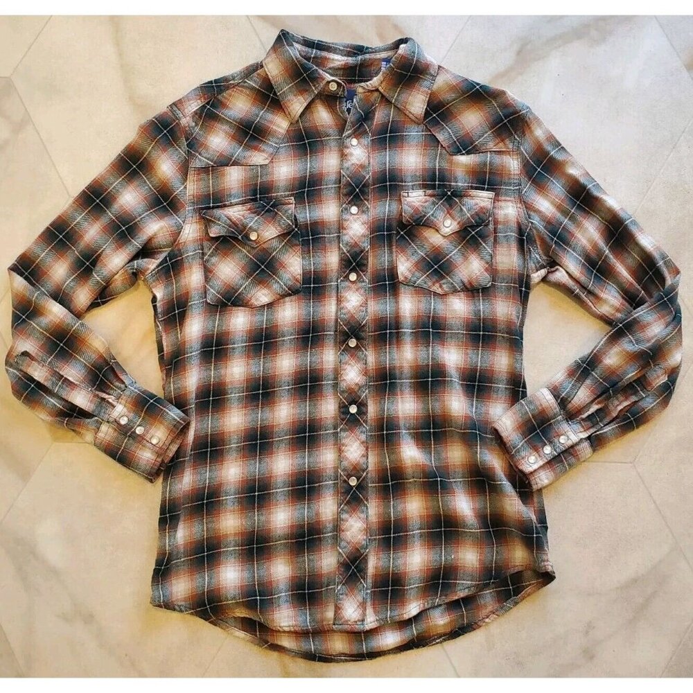 Wrangler Pearl Snap Button-Up Shirt Women's M Western Flannel Plaid Teal Brown